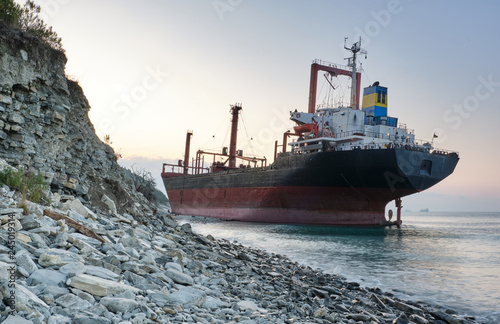 GELENDZHIK, RUSSIA - JAN 19, 2019: The ship called Rio ran aground after a storm in the black sea. The ship went to the port of Novorossiysk for loading