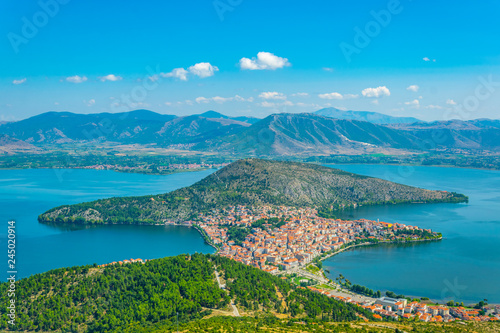 Aerial view of greek town Kastoria surrounded by Orestiada lake photo