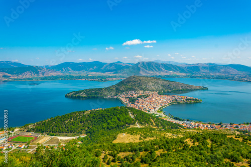 Aerial view of greek town Kastoria surrounded by Orestiada lake photo