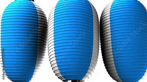 Blue and white paper lanterns on white background.Loop able 3D render Animation.Zoom camear view. photo