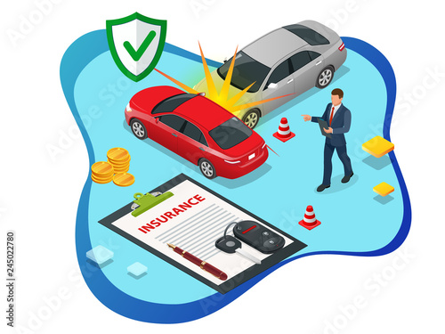 Isometric Car Insurance services. Auto insurance policy with cash and key fob. Protection from danger, providing security.