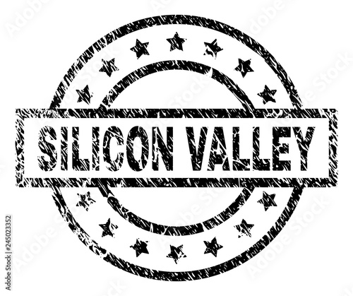 SILICON VALLEY stamp seal watermark with distress style. Designed with rectangle, circles and stars. Black vector rubber print of SILICON VALLEY caption with corroded texture.