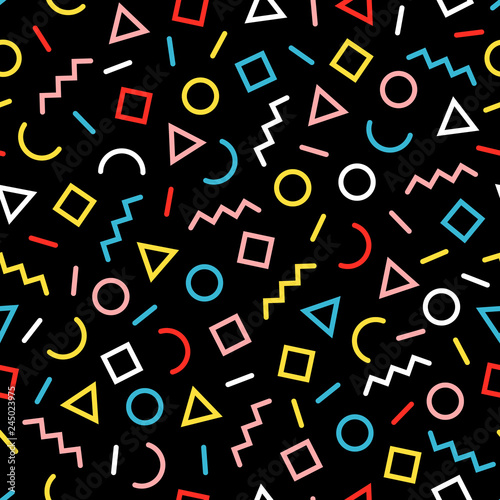 Seamless pattern of colorful geometric shapes, sprinkle, squiggle.