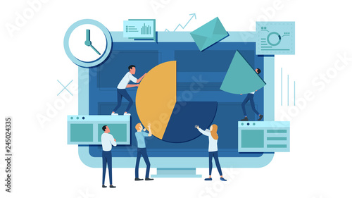 The team is working on a business project. The working process. Analytics, information gathering, teamwork. Monitor and business team isolated on white background. Vector illustration.