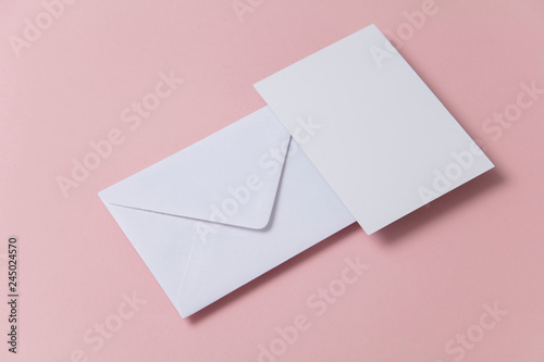 Blank white card with paper envelope template mock up