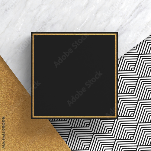 A square border frame on white marble stone and gold surface with a zigzag pattern on black background. Copy space. Abstract geometric composition. 3D render.