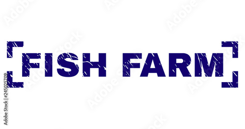 FISH FARM tag seal print with grunge texture. Text tag is placed inside corners. Blue vector rubber print of FISH FARM with dirty texture.