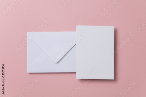 Blank white card with paper envelope template mock up
