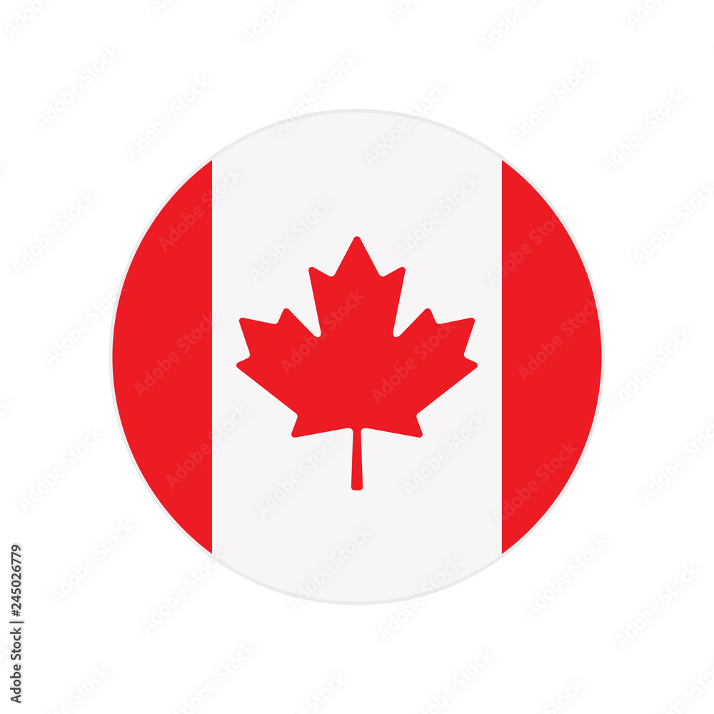 Round icon, button or badge with National Canada flag isolated on white background Round icon, button or badge with National Canada flag isolated on white background