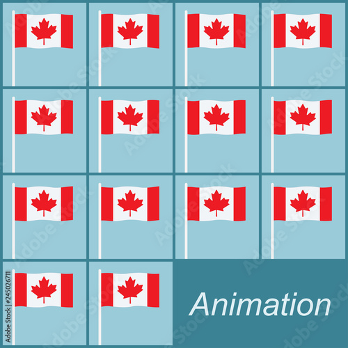 Canadian flag waving on a pole on blue background. Animation sprite sheet