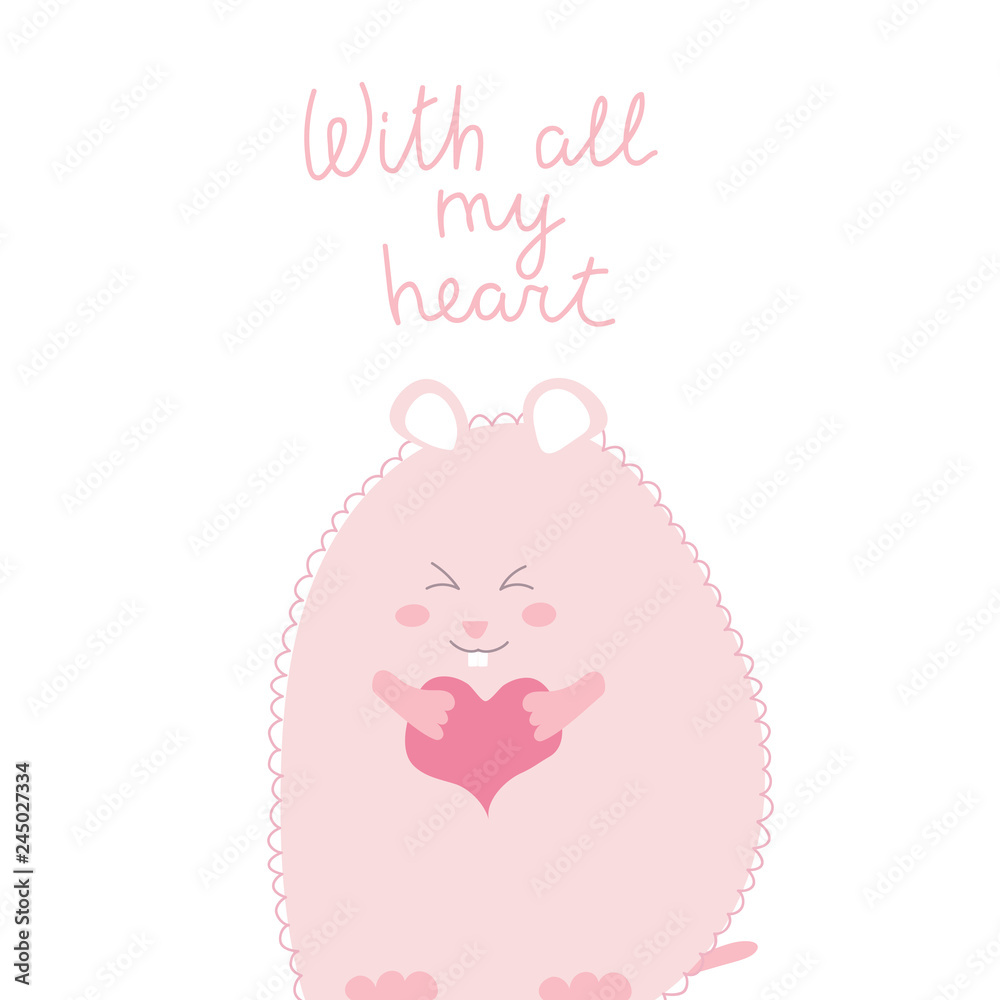 Kid fashion graphic with smile pink hamster or guinea pig. Vector hand drawn illustration and text - with all my heart. Baby t-shirt print funny quote. St valentine day love greeting card Kid fashion graphic with smile pink hamster or guinea pig. Vector hand drawn illustration and text - with all my heart. Baby t-shirt print funny quote. St valentine day love greeting card