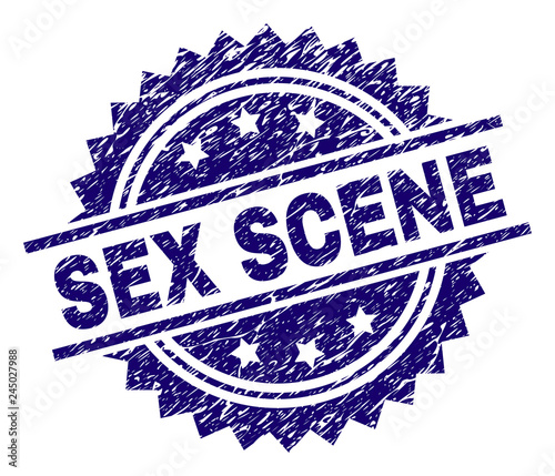 SEX SCENE stamp seal watermark with distress style. Blue vector rubber print of SEX SCENE caption with dirty texture.