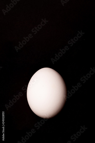 White contrast egg with visible texture on black background. Easter concept.