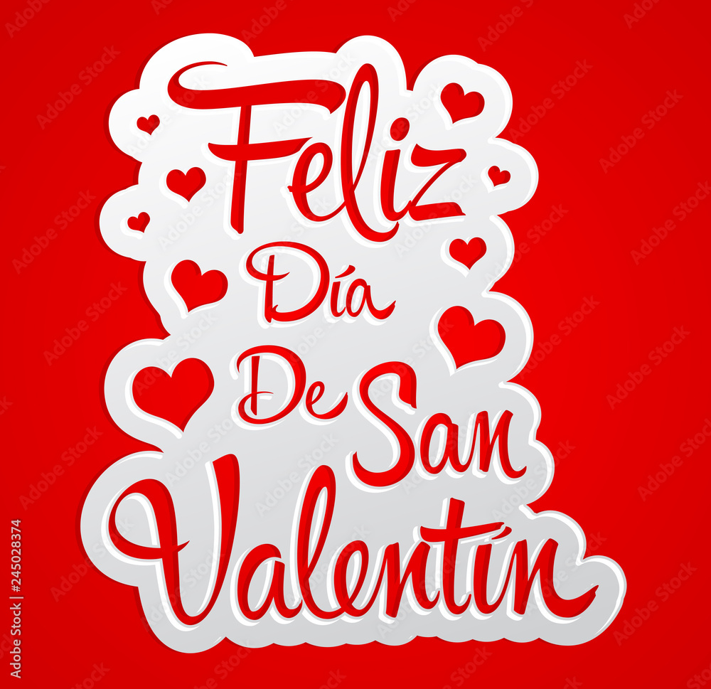 Feliz Dia de San Valentin, Happy Valentines day spanish text, vector  lettering and hearts Stock Vector | Adobe Stock