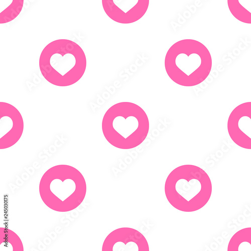 Seamless geometric polka dots pattern vector background abstract colorful vintage retro design art with hot pink circles and white hearts inside cute love valentines day concept