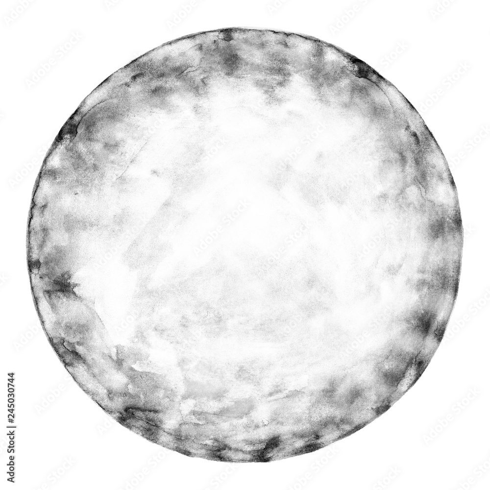 Obraz premium Gray empty circle watercolor shape with paint texture isolated on white background. Abstract blank round form aquarelle backdrop created in handmade technique.