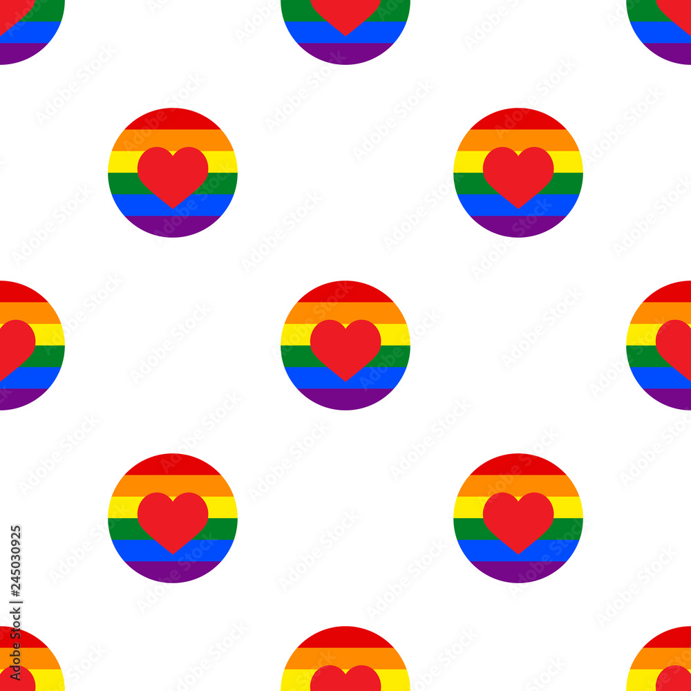 Seamless geometric polka dots pattern vector background abstract colorful vintage retro design art with gay parade rainbow colored circles and red hearts yellow orange green purple blue white Seamless geometric polka dots pattern vector background abstract colorful vintage retro design art with gay parade rainbow colored circles and red hearts yellow orange green purple blue white