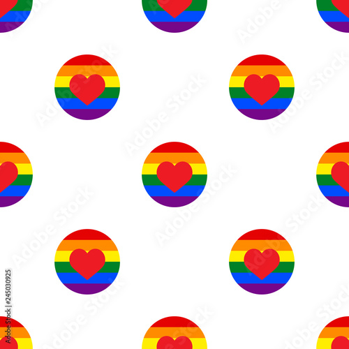 Seamless geometric polka dots pattern vector background abstract colorful vintage retro design art with gay parade rainbow colored circles and red hearts yellow orange green purple blue white