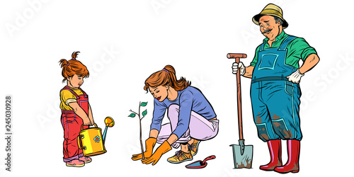Mother, daughter and grandfather work in the garden. Family plan