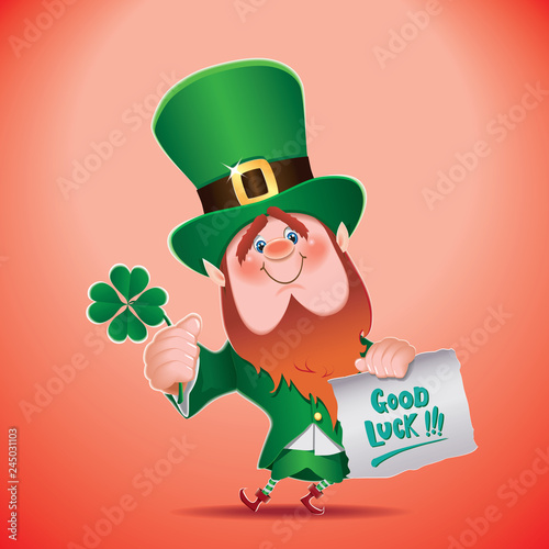 Saint Patrick's Day concept.Leprechaun with 4 sheets clover in hand and textual parchment with a short message Good Luck.
