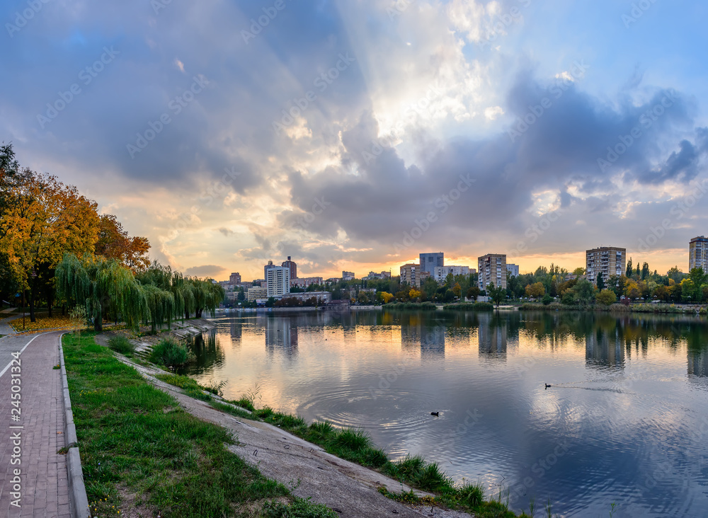 View of the evening embankment of the Kalmius river in Donetsk
