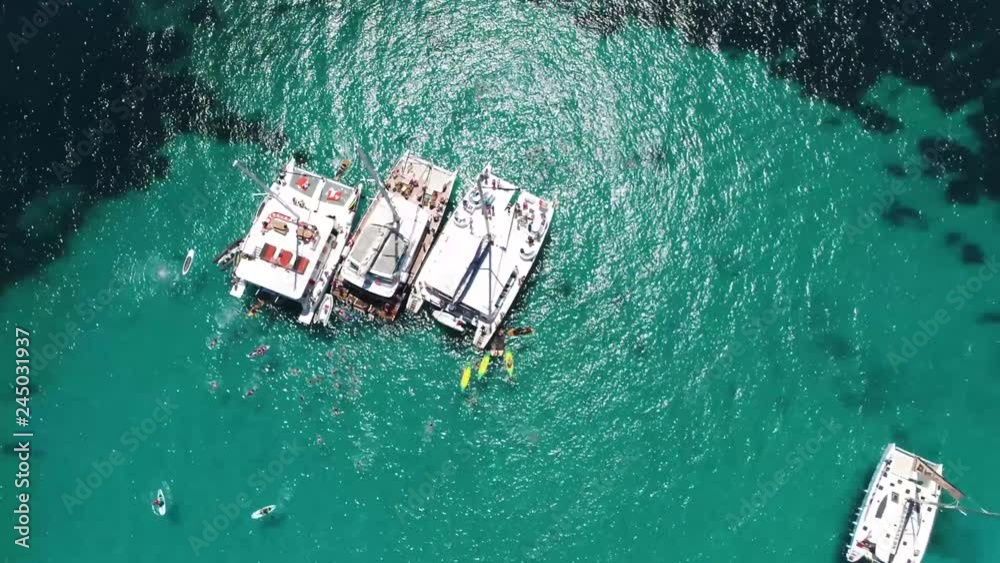 Aerial view pan down catamaran sailboats at lagoon showing young people partying and having fun on and off deck diving off into the clear and refreshing azure ble water typical spring break scene 4k