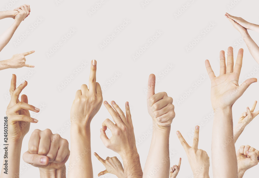 Multiple female hand gestures on gray background Multiple female hand gestures on gray background