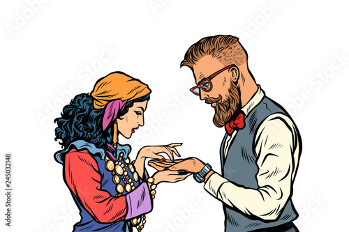 Gypsy palmist and hipster. Isolate on white background