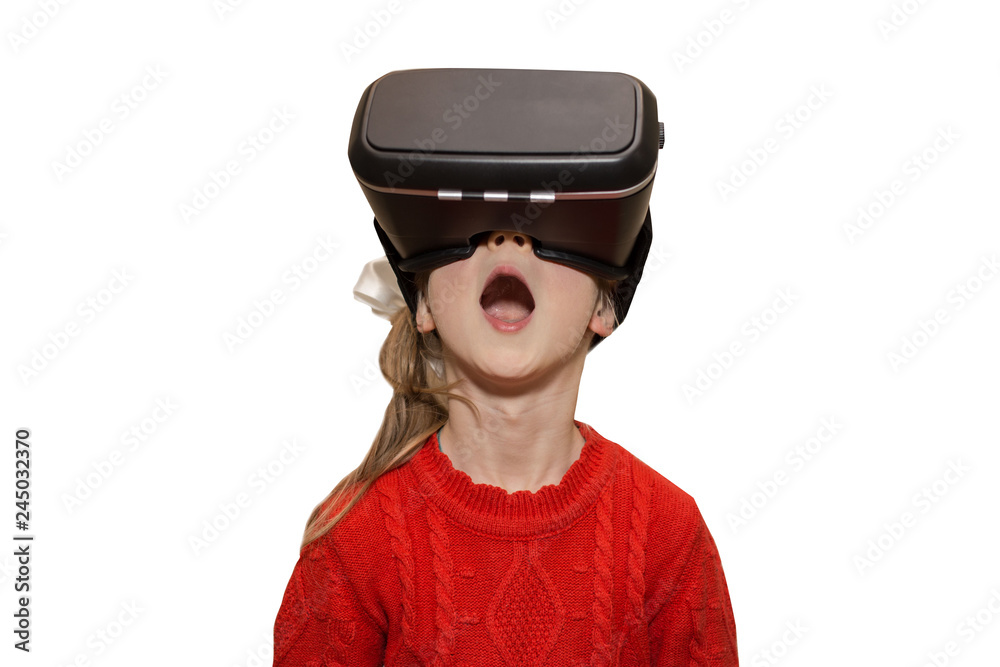 Amazed teen girl wearing virtual reality VR goggles watching movie or playing games, isolated. Surprised teenager looking in VR glasses. Emotional portrait of child experiencing 3D gadget (Image) Amazed teen girl wearing virtual reality VR goggles watching movie or playing games, isolated. Surprised teenager looking in VR glasses. Emotional portrait of child experiencing 3D gadget (Image)
