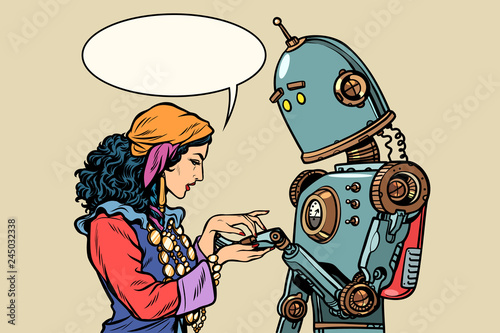 Gypsy fortune teller and robot. Palmistry