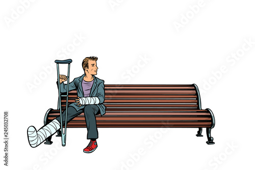 man broken leg park bench