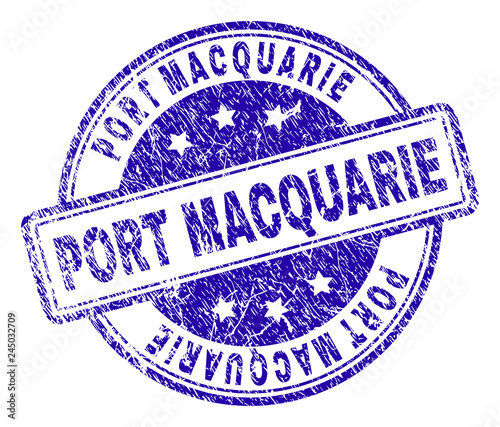 PORT MACQUARIE stamp seal imprint with grunge texture. Designed with rounded rectangles and circles. Blue vector rubber print of PORT MACQUARIE text with grunge texture.