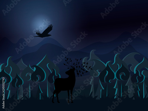 Fantasy night forest with a deer and a bird flying in the night sky