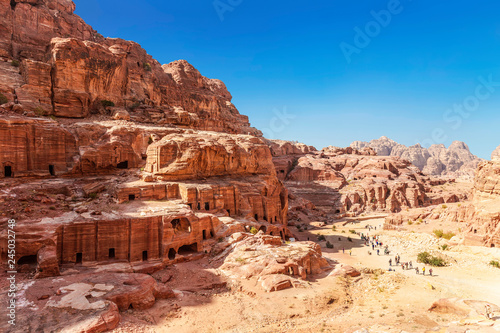 Top view of Petra - ancient city, capital of the Edomites, and later the capital of the Nabataean Kingdom, world famous tourist landmark. Jordan