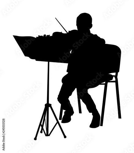 Young man playing violin vector silhouette isolated on white background. Classic music performer concert. Musician artist amusement public. Virtuoso on violin. Boy plays string instrument.