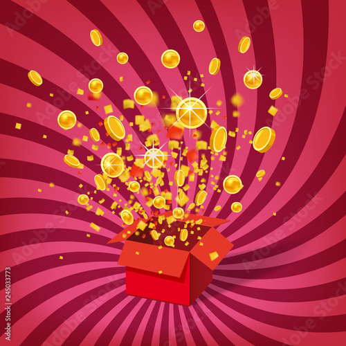 Box With Coins Exploision, Blast. Open Red Gift Box and Confetti. Win, casino, lottery, quiz. Spiral Stripes Background. Vector Illustration. Isolated, Template