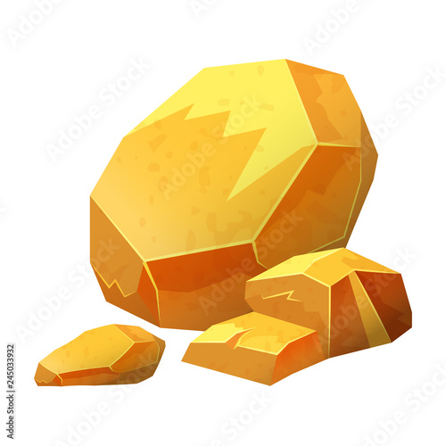 Gold nugget, stone, jewel, raw materials for jewelry, vector isolated on white background, cartoon style