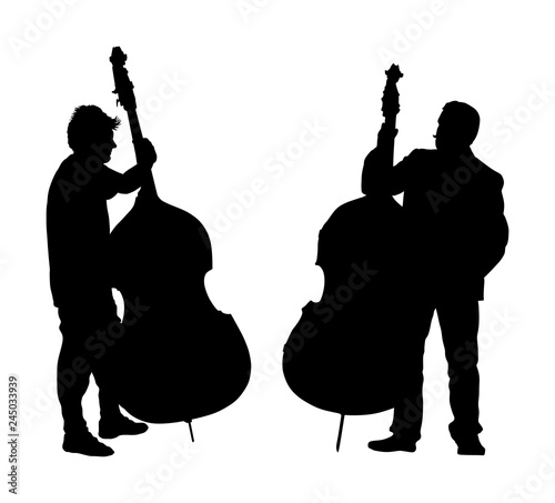 Man on street vector silhouette illustration playing contra-bass. Music man standing on the concert event. Contra bass artist duet. Classic music instrument event. Music street performers.