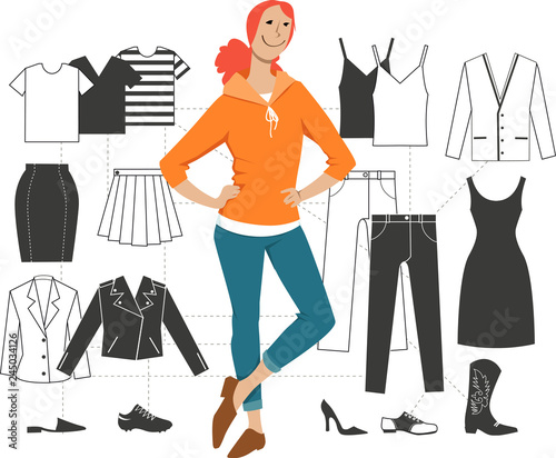Woman standing in front of a scheme of minimalist combination basic pieces of clothing into outfits, EPS 8 vector illustration