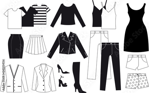 Black and white vector drawing of assorted pieces of women's clothes, EPS 8 