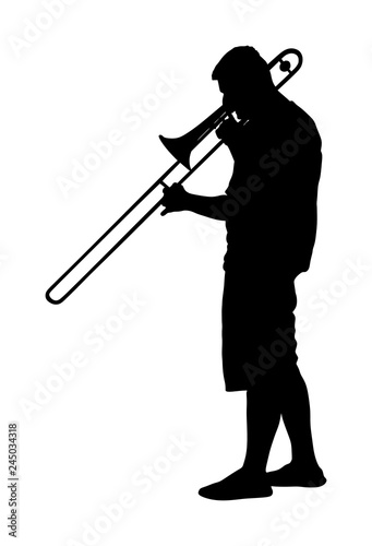 Trombone player vector silhouette illustration. Music man play wind instrument. Music artist. Jazz man. Bugler street performer. Musician play trumpet. Entertainment for public. Classic music event.