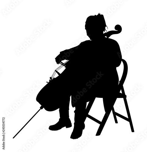 Woman cellist siting and playing cello vector silhouette. Music artist girl play string instrument. Jazz woman street performer. Musician play cello. Entertainment for public. Classic music event.