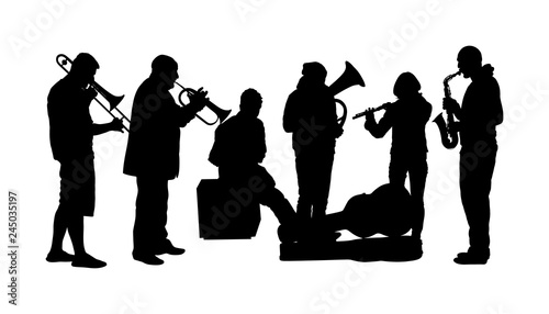 Brass band play on street silhouette. Wind instrument concert jazz event. Classic music orchestra clarinet  flute  trumpet  bugler  saxophone  trombone  tenor horn  flutist. Musician entertainment.