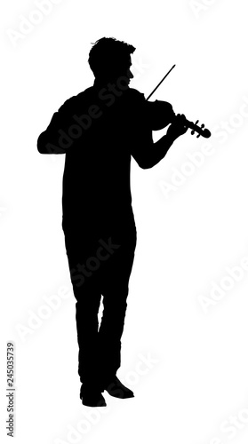 Young man playing violin vector silhouette illustration isolated on white. Classic music performer concert. Musician artist amusement public. Virtuoso on violin. Boy plays string instrument.