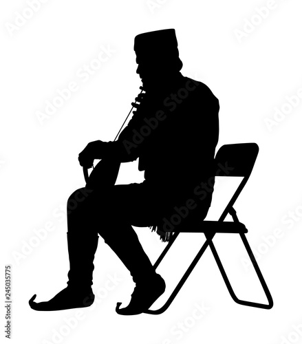 Guslar play gusle vector silhouette, traditional music instrument from Montenegro and Balkan. Balkan musician player and singer vector illustration. Folklore artist event.