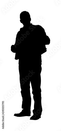 Musician accordion man vector silhouette Illustration isolated on white background. Music event on the public. Street performer amusement public.  Music artist. Jazz man. 