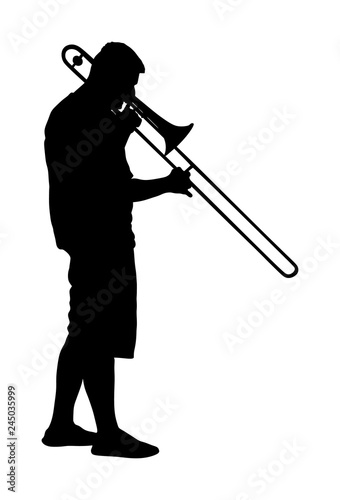 Trombone player vector silhouette illustration. Music man play wind instrument. Music artist. Jazz man. Bugler street performer. Musician play trumpet. Entertainment for public. Classic music event.