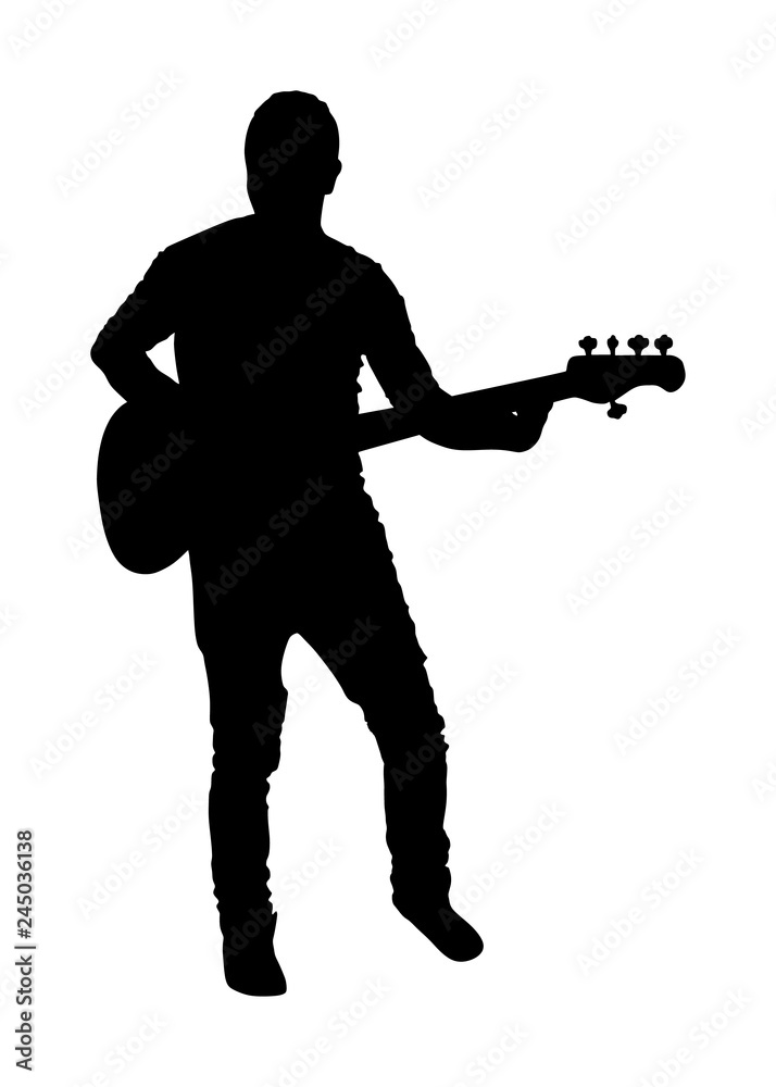 Guitarist vector silhouette illustration isolated on white background. Popular music super star on stage. Guitar music instrument. Rock and roll concert. Country club event. live public entertainment.