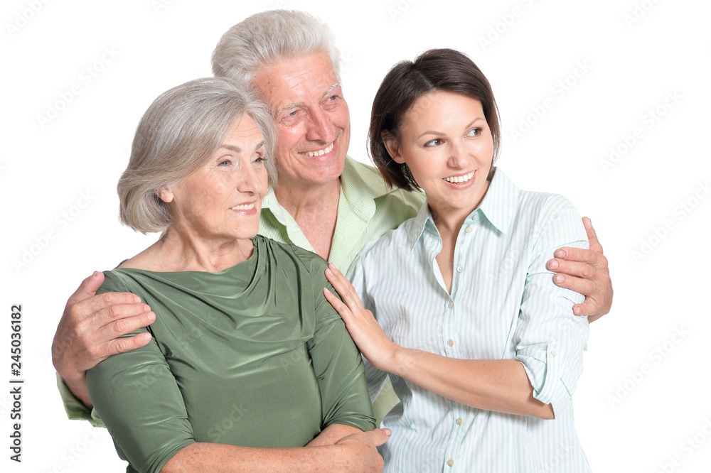 Happy senior parents with daughter on white background Happy senior parents with daughter on white background