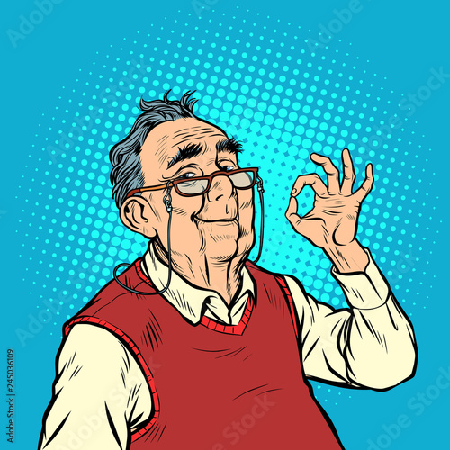 smile elderly man with glasses okay gesture